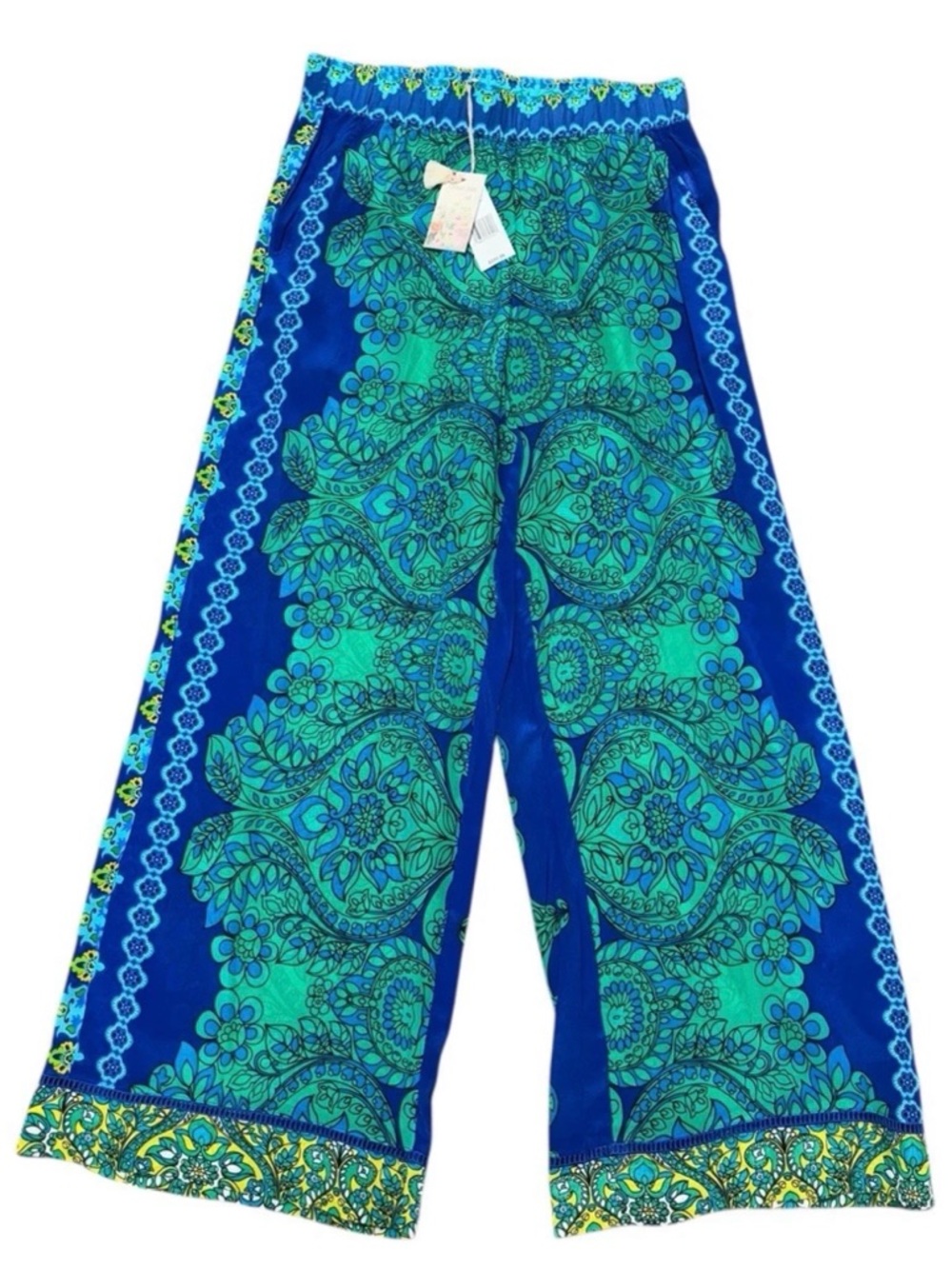 Johnny Was Diomedes Silk Wide Leg Pants Blue Green Boho Size Medium - NWT - Picture 3 of 10